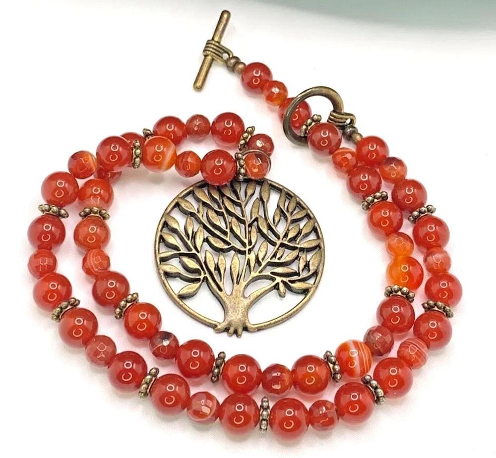 Vtg Banded Carnelian Agate Bead Necklace Bronze Tree of Life Toggle 18" Gemstone